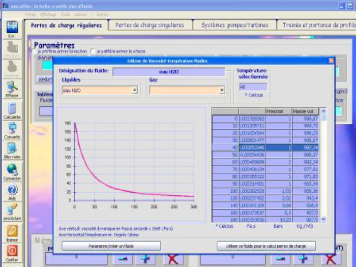 editeur de fluides avec viscosité et masse volumique en fonction de la temperature